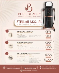 Poster for Pure Beauty Laser Med Spa advertising the Stellar M22 IPL treatment menu, listing three treatments and prices with contact info at the bottom.