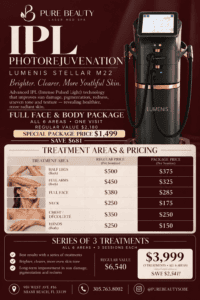 Poster advertising IPL photorejuvenation at Pure Beauty Spa, showing a high-tech treatment device on the right and pricing info on the left.