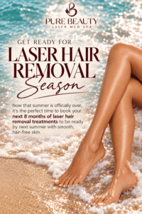 Promotional banner for laser hair removal season showing a woman's legs on the beach with waves in the background.