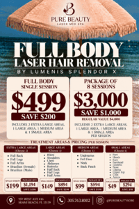 Beach-themed ad for Pure Beauty: Full Body Laser Hair Removal with two pricing panels and ocean background behind a sunshade.